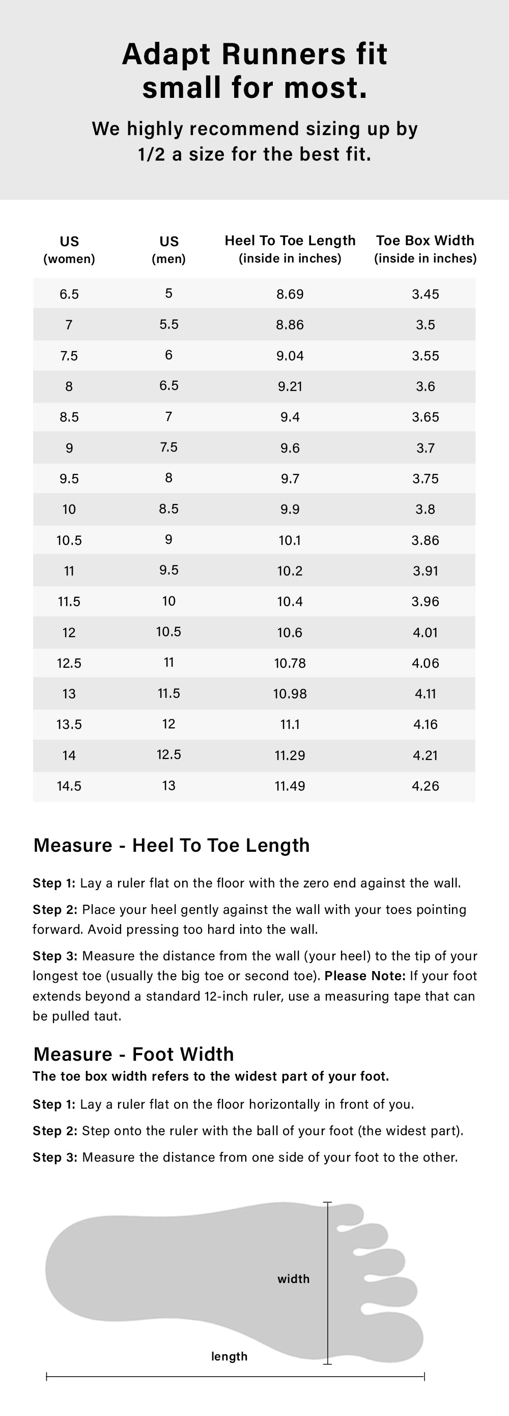 Flux Adapt Runner size chart